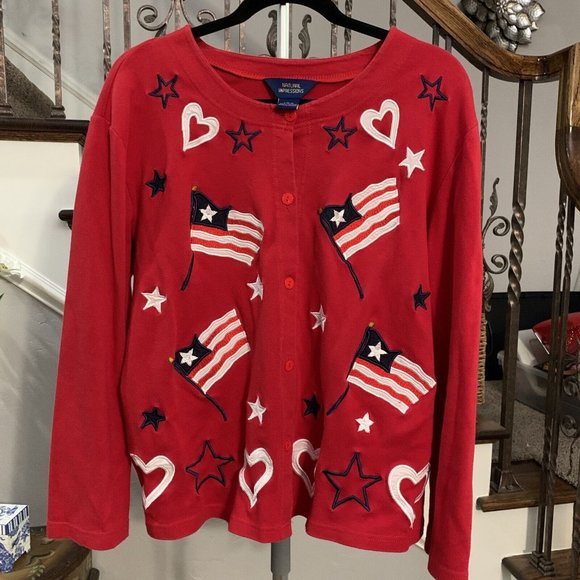 Natural Impressions Large Cardigan Sweatshirt Flag Red White Blue Button Up - Picture 3 of 6